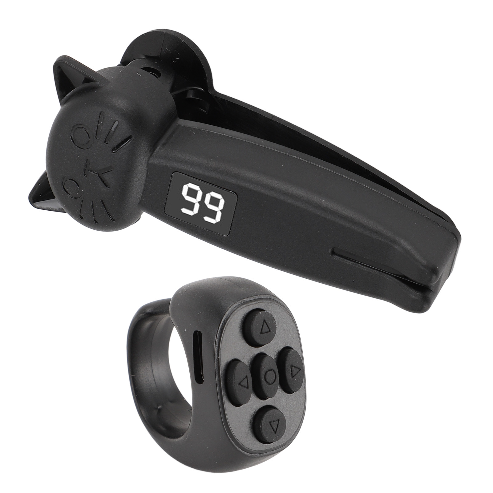 Schwarze, katzenförmige Fernbedienung und ein schwarzer, ringförmiger Controller, beide auf Weiß.