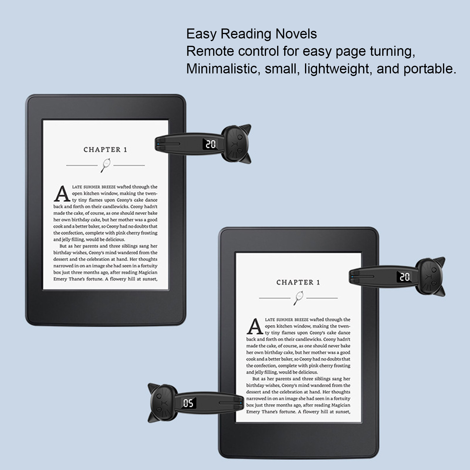Zwei E-Reader mit Fernbedienungen, die Text anzeigen. Einer zeigt Kapitel 1, der andere Seite 20.