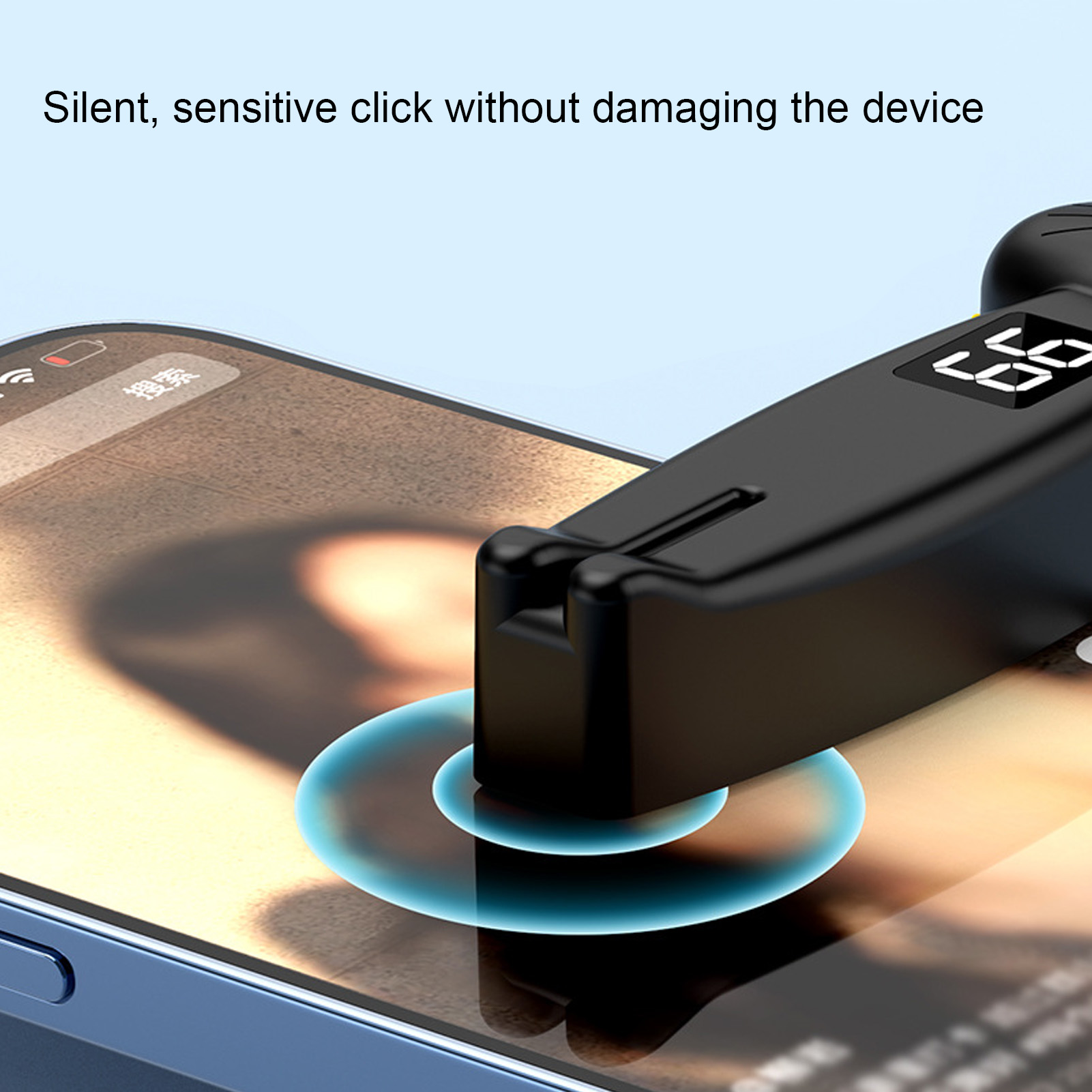 Nahaufnahme eines schwarzen Geräts auf einem Telefonbildschirm. Text deutet auf einen leisen, sensiblen Klick hin. Blauer Kreis um das Gerät.