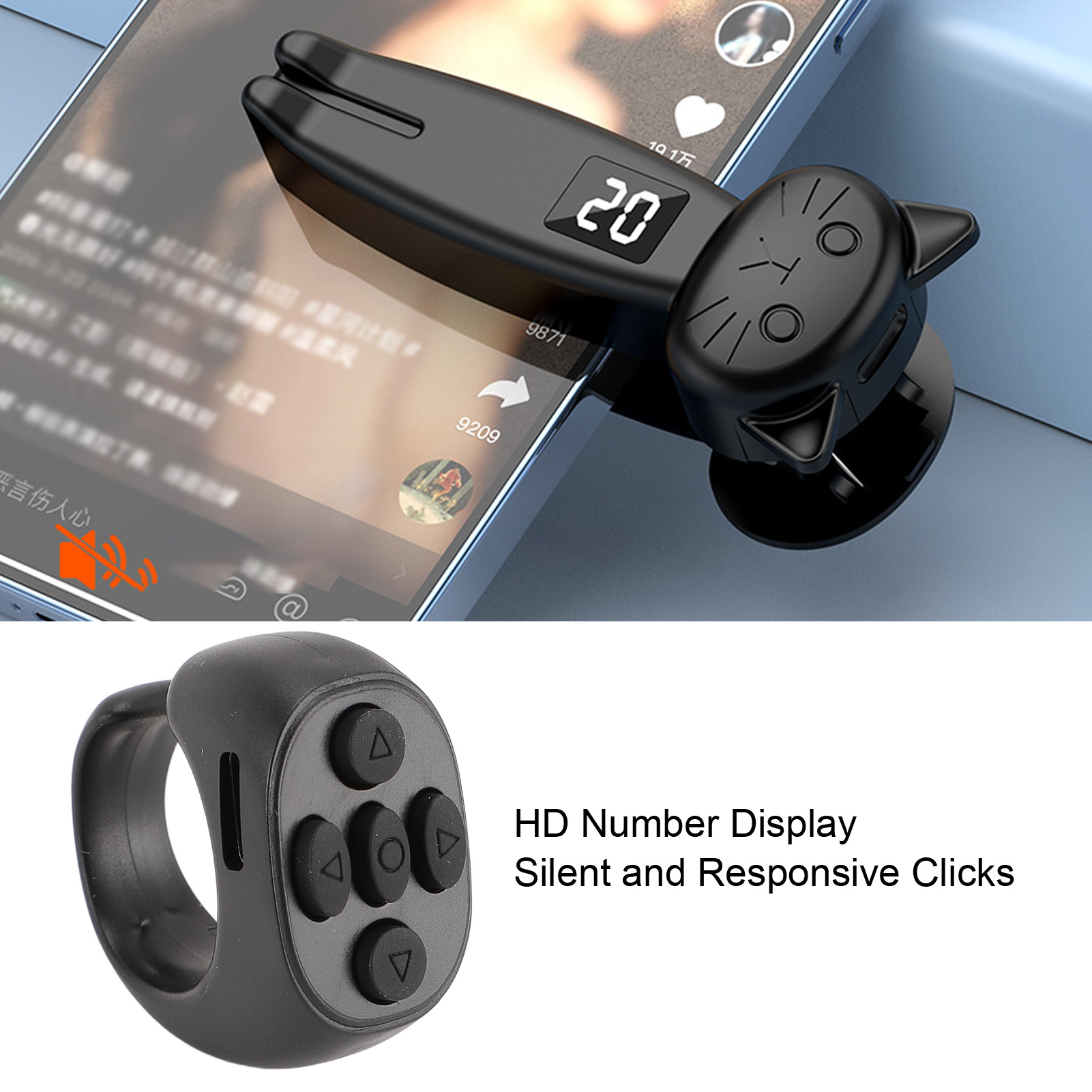 Ein schwarzer ringförmiger Controller mit Knöpfen auf einem Telefon, das eine App anzeigt.
