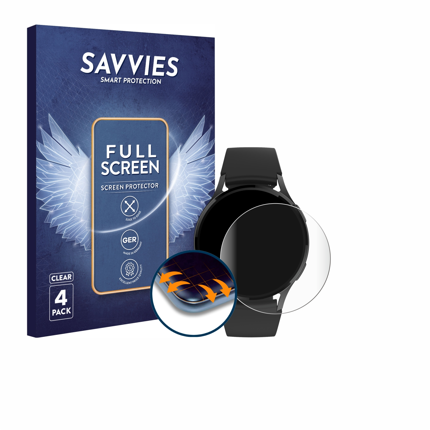 Eine Smartwatch und eine Displayschutzverpackung auf weißem Hintergrund.
