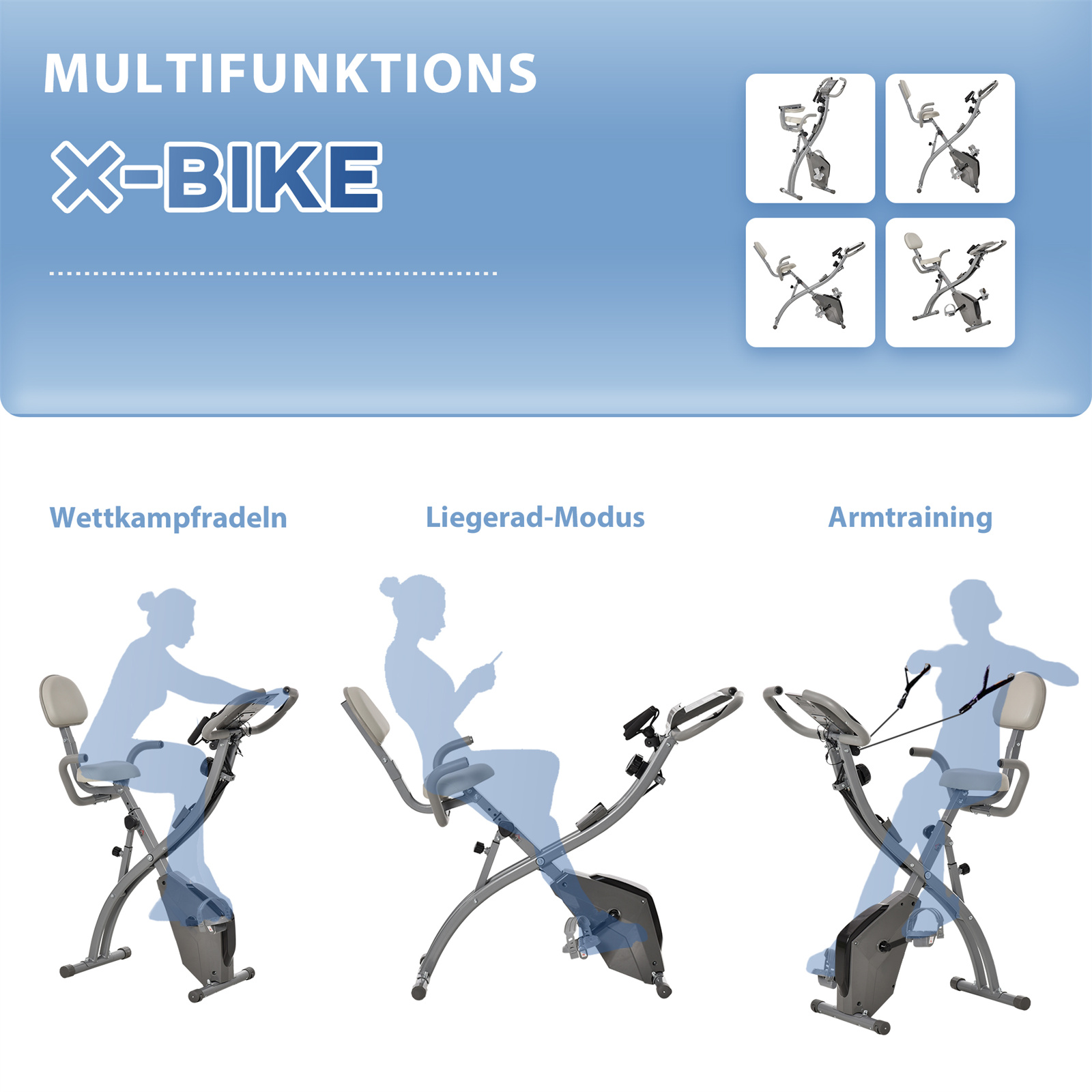 Diagramm eines X-Bikes in drei verschiedenen Trainingspositionen: Wettkampf, Liegerad-Modus und Armtraining.