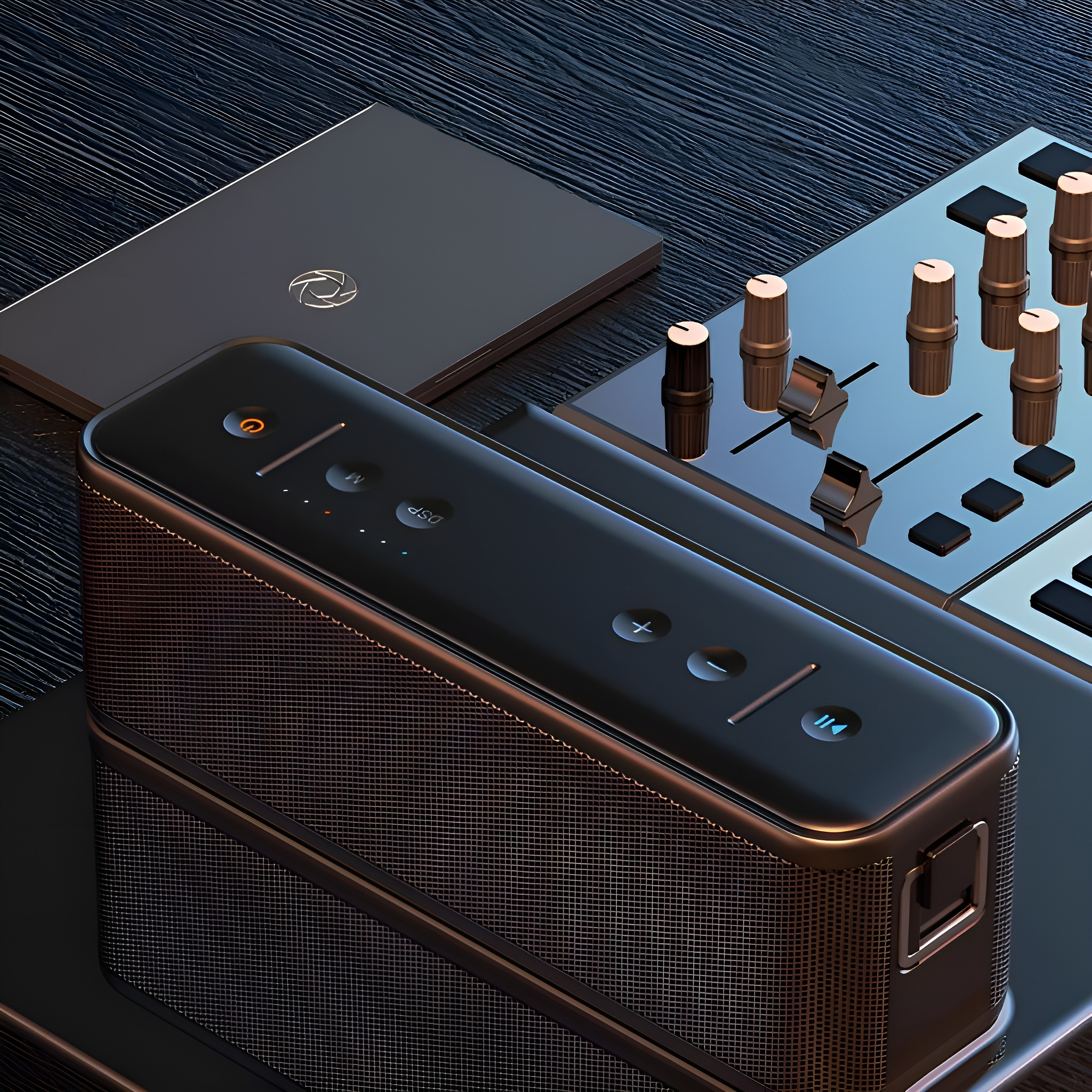 Schwarzes Audiogerät mit Bedienelementen, ein Tablet und andere Audiogeräte auf dunkler Oberfläche.