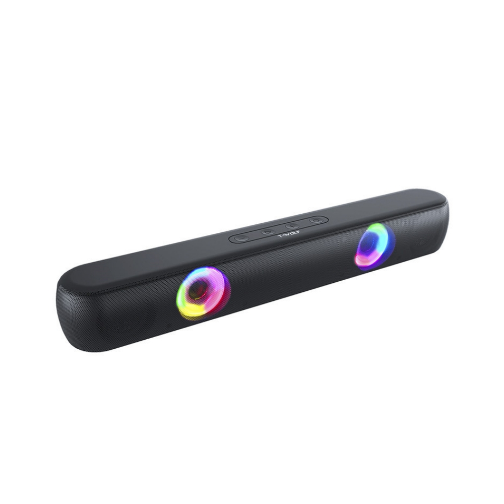 Ein schwarzer Soundbar-Lautsprecher mit bunten Lichtern an den Enden.