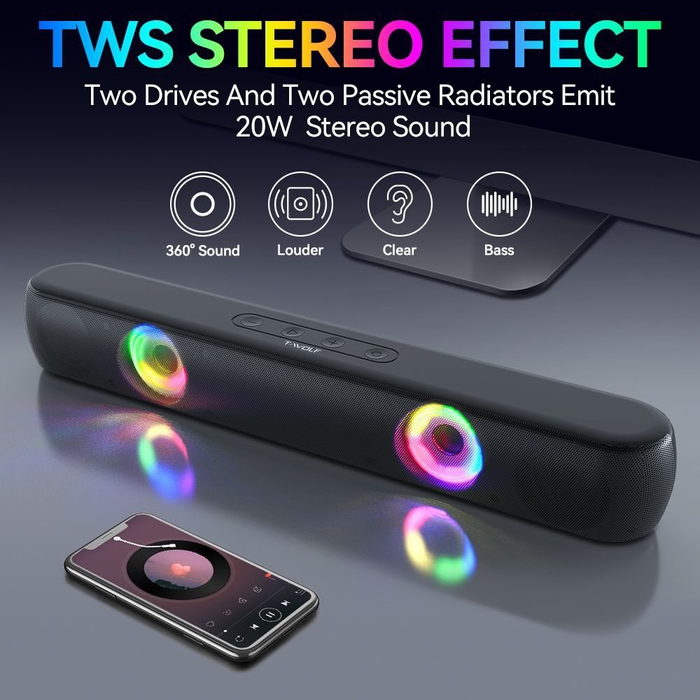 Schwarze Soundbar mit bunten Lichtern und Telefon mit Musik auf dem Bildschirm.