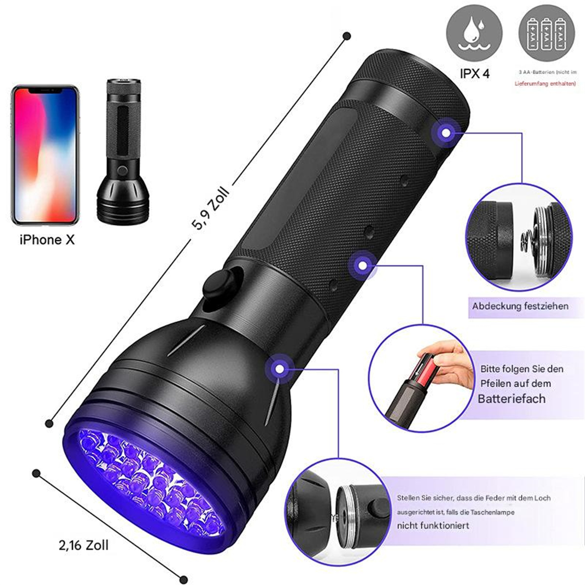 Schwarze UV-Taschenlampe mit Etiketten, iPhone X. Text: 5,9 Zoll, 2,16 Zoll. Mehrere Pfeile mit Text.