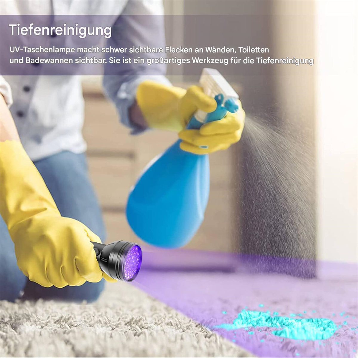 Eine Person sprüht einen Teppich mit einer blauen Flasche, während sie UV-Licht verwendet.