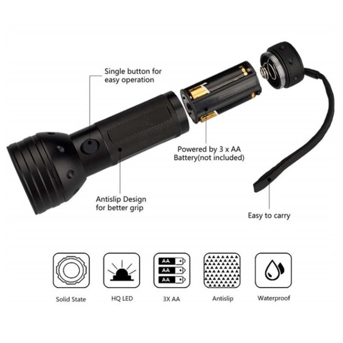 Schwarze Taschenlampe mit gezeigten Teilen, Batterien und Komponenten.