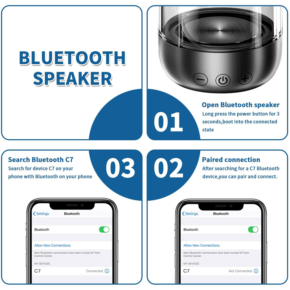 Bluetooth-Lautsprecher. Anweisungen zum Koppeln mit einem Telefon, mit Beispielen für Telefonbildschirme.