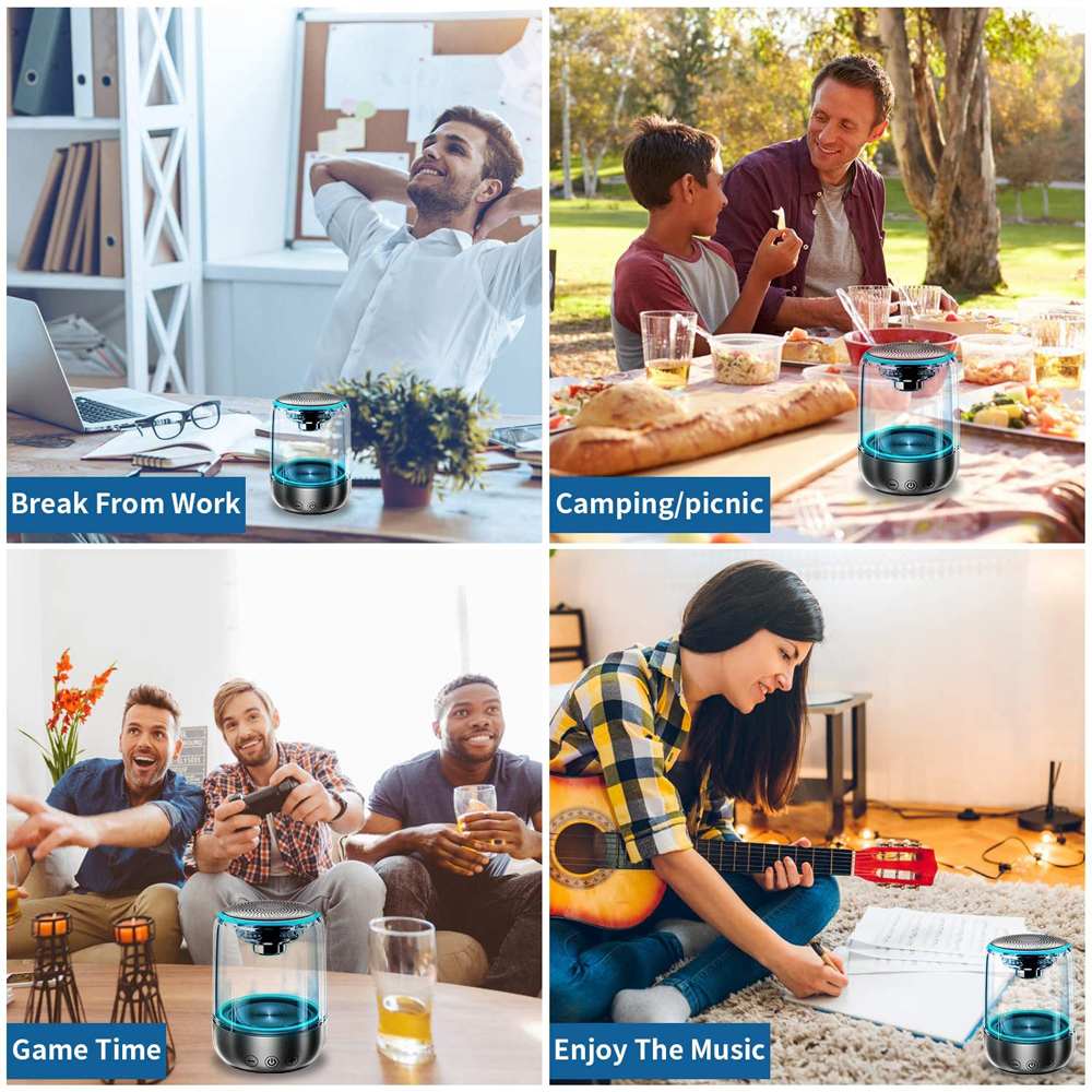 Collage, der einen tragbaren Luftreiniger in verschiedenen Umgebungen zeigt: Arbeit, Picknick, Spielen, Musik.