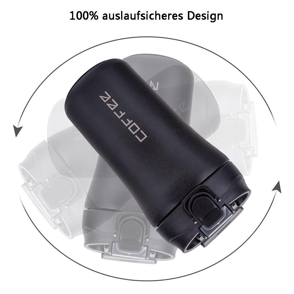 Ein schwarzer Reisebecher mit dem Wort 'COFFEE' und dem Satz '100% auslaufsicheres Design'.