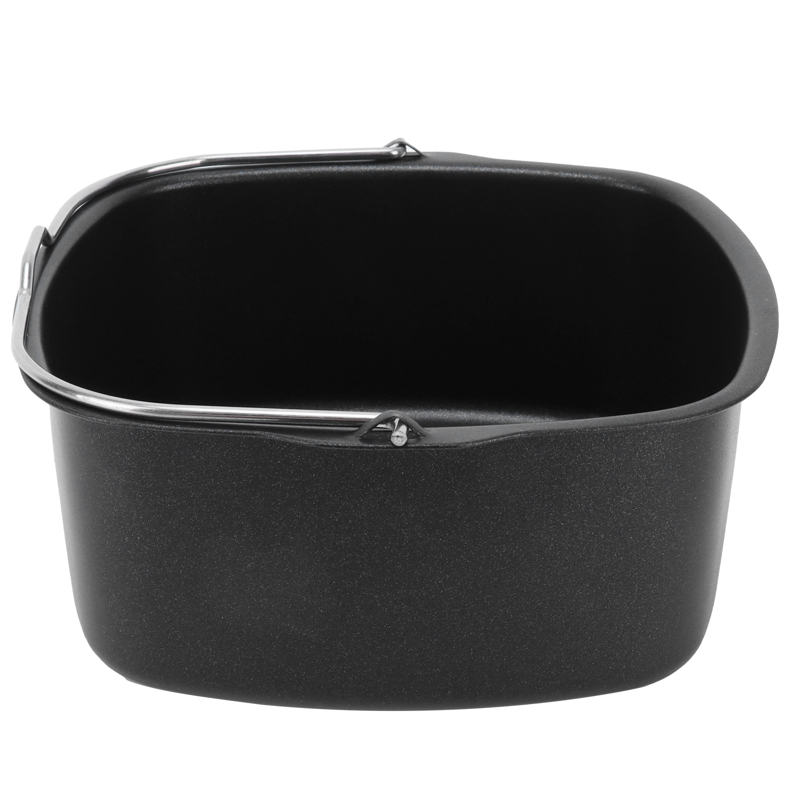 Schwarzer Airfryer-Korb mit silbernem Griff. Weißer Hintergrund.