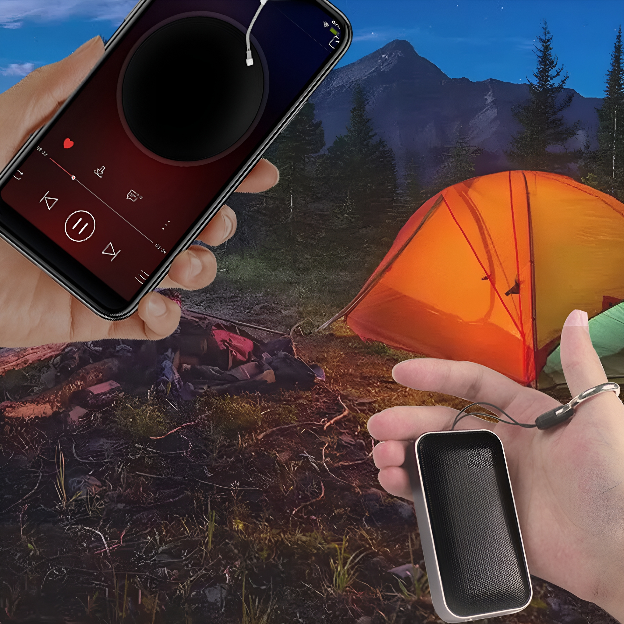 Hände halten ein Telefon und einen Lautsprecher in einer Campingszene, mit einem Zelt, Bergen und Nachthimmel im Hintergrund.