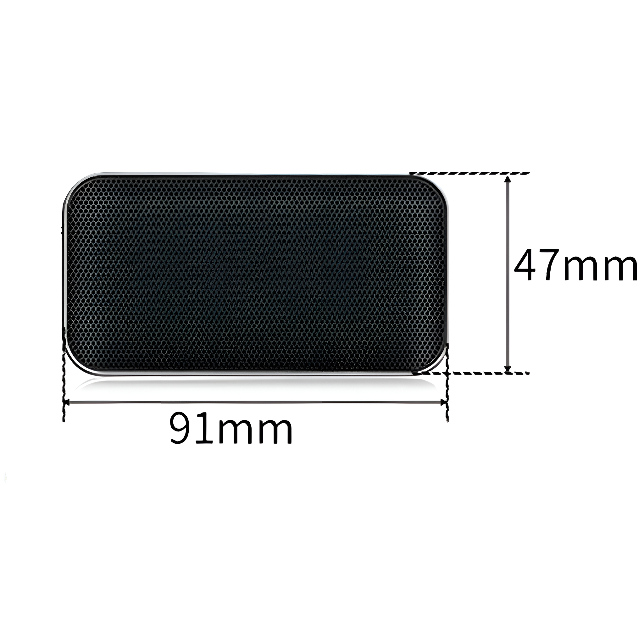 Ein schwarzer rechteckiger Lautsprecher hat eine Mesh-Front. Die Abmessungen betragen 91 mm x 47 mm. Eine Messlinie und Zahlen befinden sich auf dem Bild.
