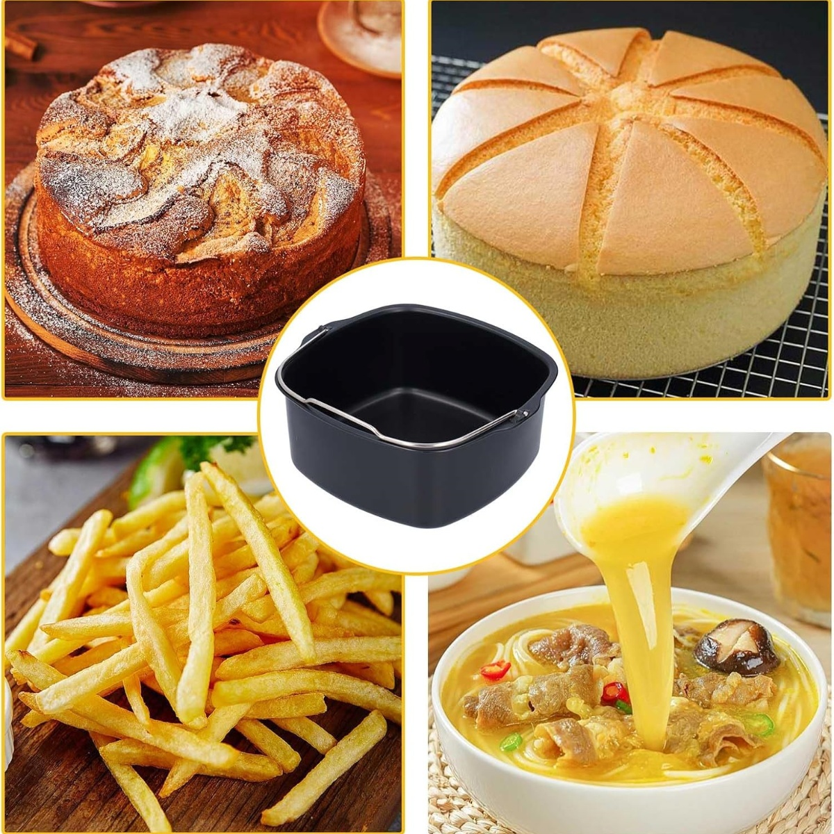 Eine Collage von Speisen: Kuchen, Fritteuse, Pommes und Suppe. Verschiedene Gerichte werden gezeigt.