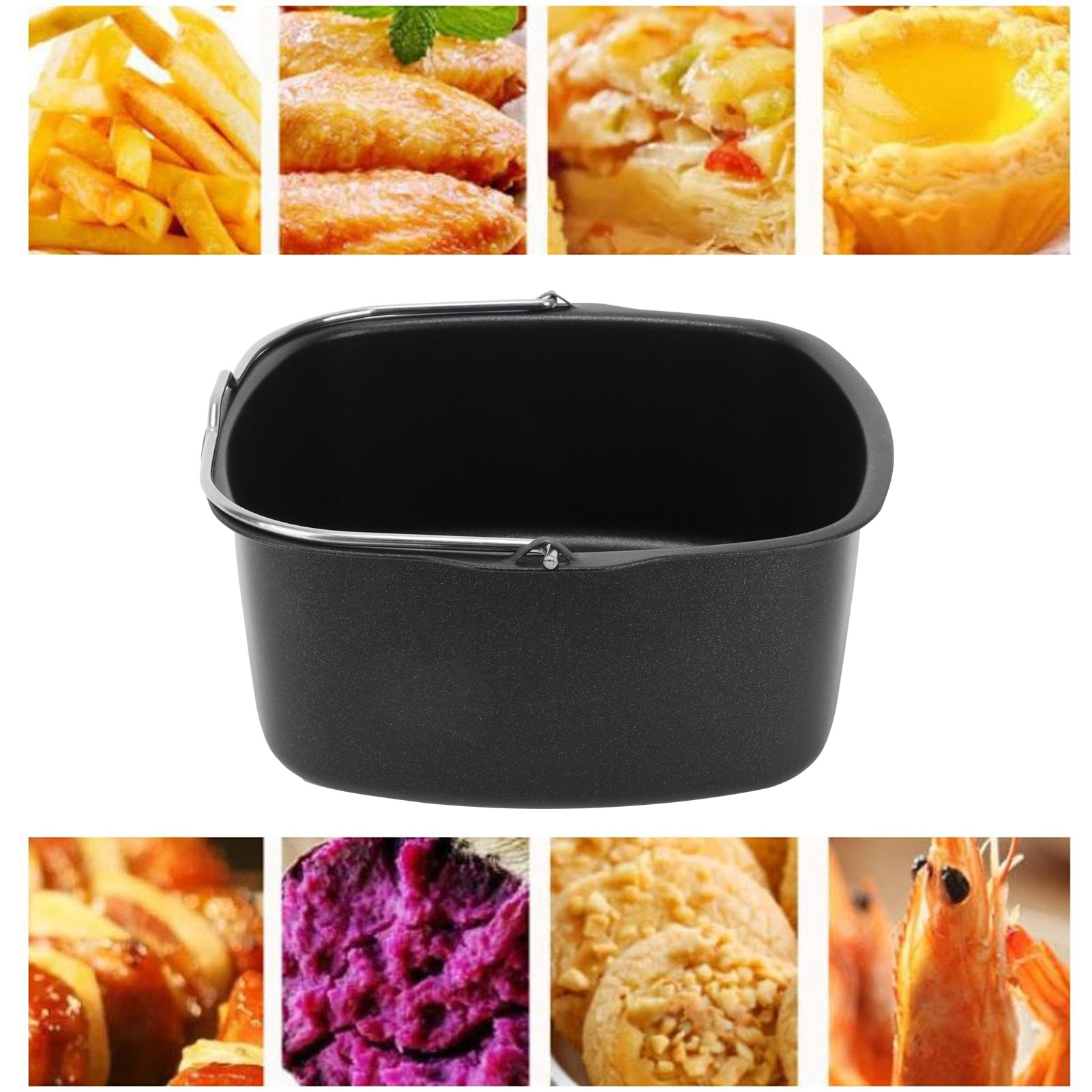 Frittierkorb umgeben von verschiedenen Lebensmitteln: Pommes, Kuchen, Garnelen usw.