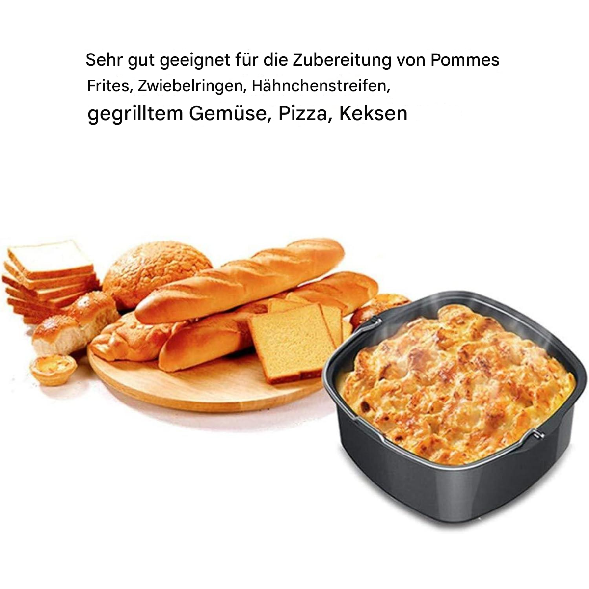 Essen in einer schwarzen Pfanne, mit Zutaten in der Nähe, zeigt Zubereitungsvorschläge.