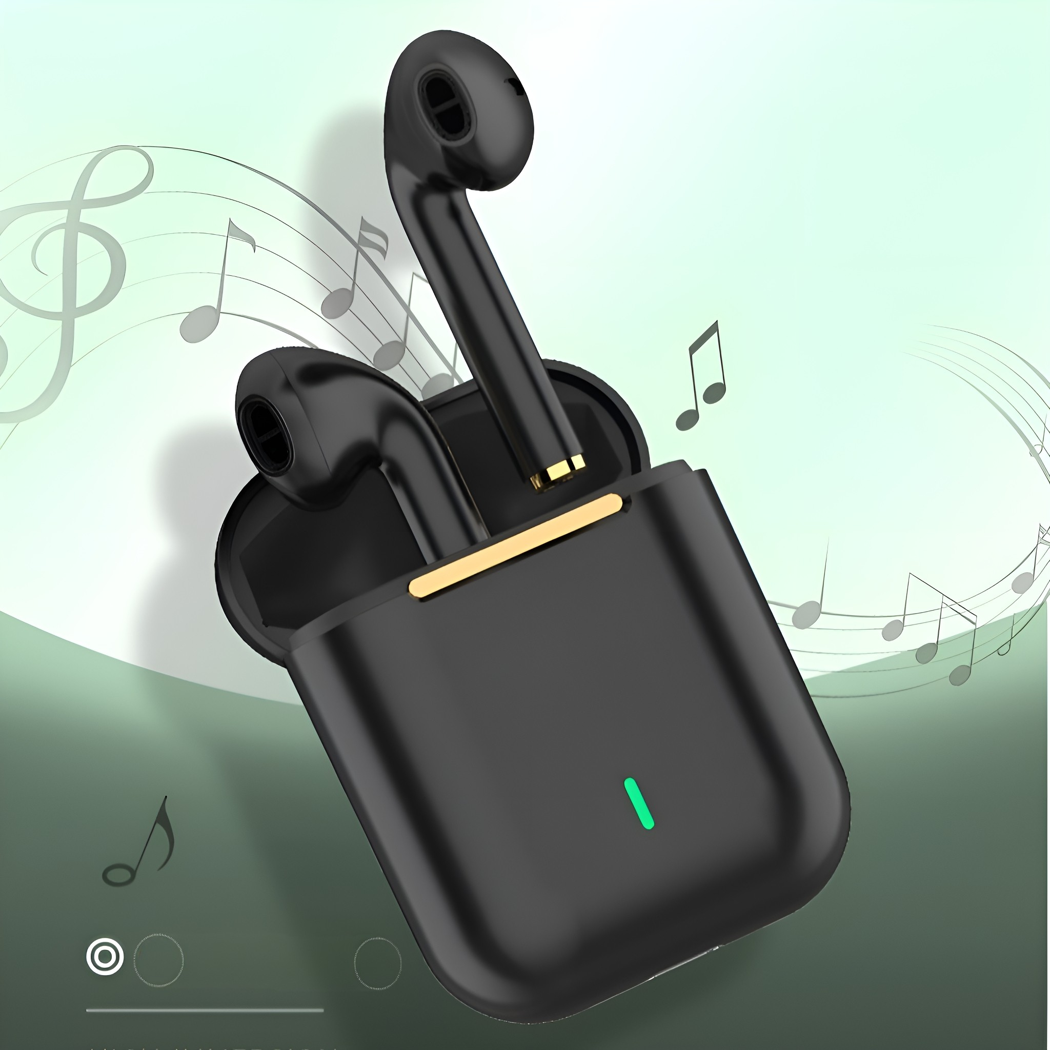 Schwarze kabellose Ohrhörer in einem Ladecase vor einem Musik-Hintergrund.