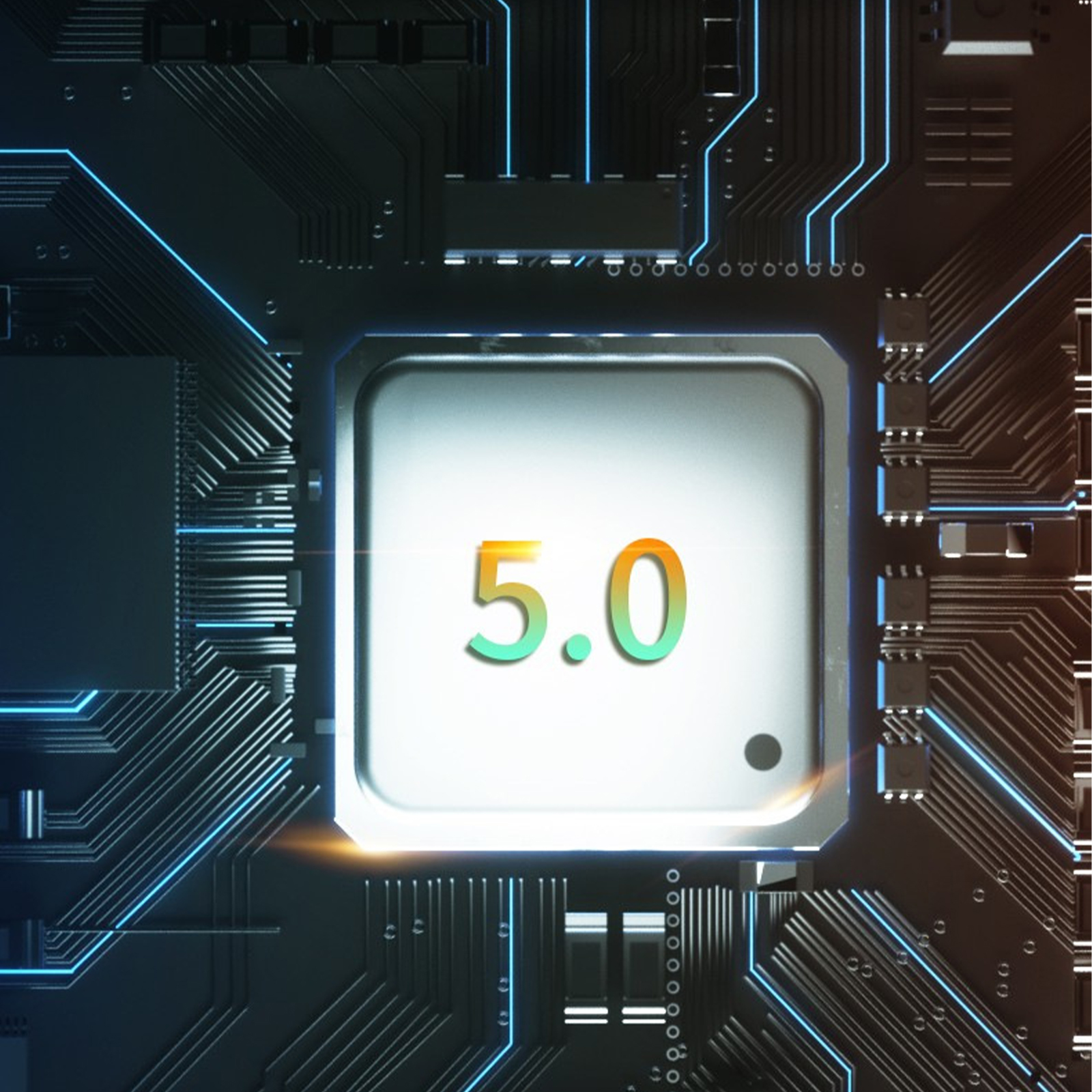 Nahaufnahme einer Leiterplatte mit "5.0" auf einem quadratischen Element.