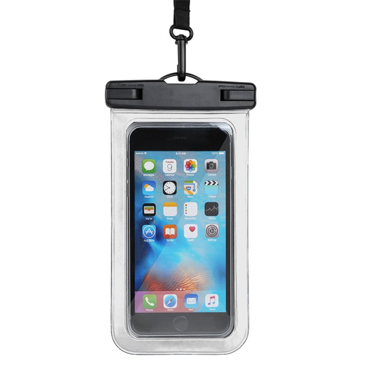 Ein Smartphone in einer wasserdichten Hülle mit schwarzem Riemen. Der Bildschirm ist sichtbar.