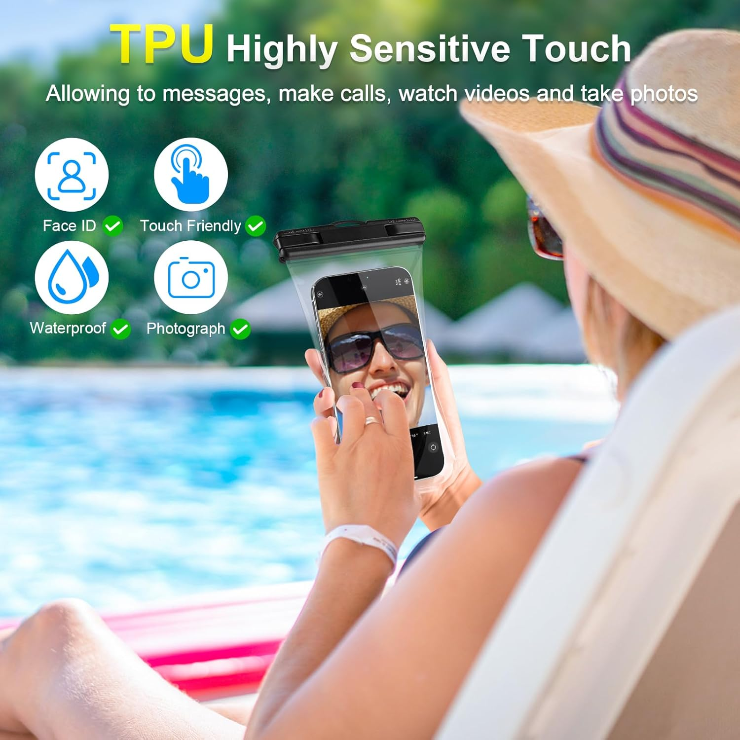 Eine Frau hält ein Telefon in einer wasserdichten Hülle am Pool. Symbole für Face ID, Touch und wasserdicht.