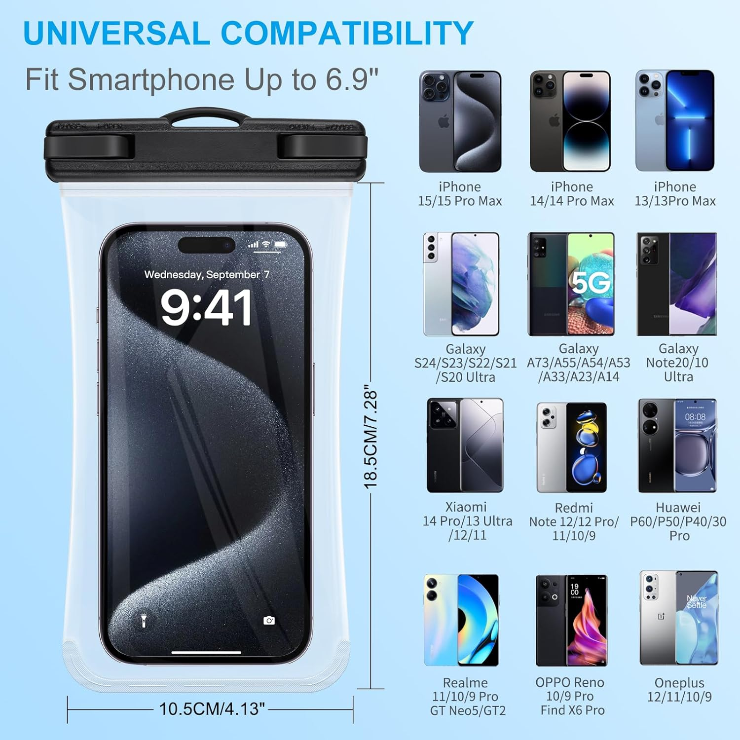 Ein Smartphone in einer transparenten, wasserdichten Hülle, mit einer Anzeige mehrerer Telefonmodelle.