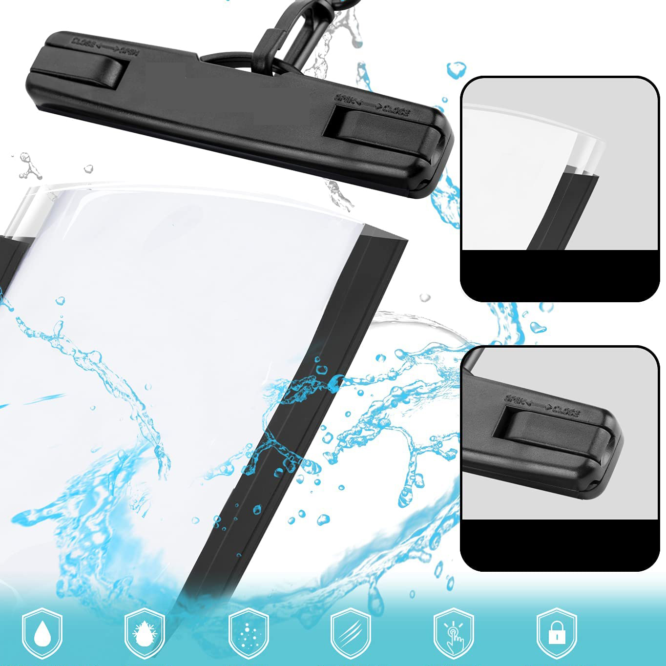 Eine wasserdichte Tasche mit Wasserspritzern und Schutzsymbolen. Enthält einen Schließmechanismus.