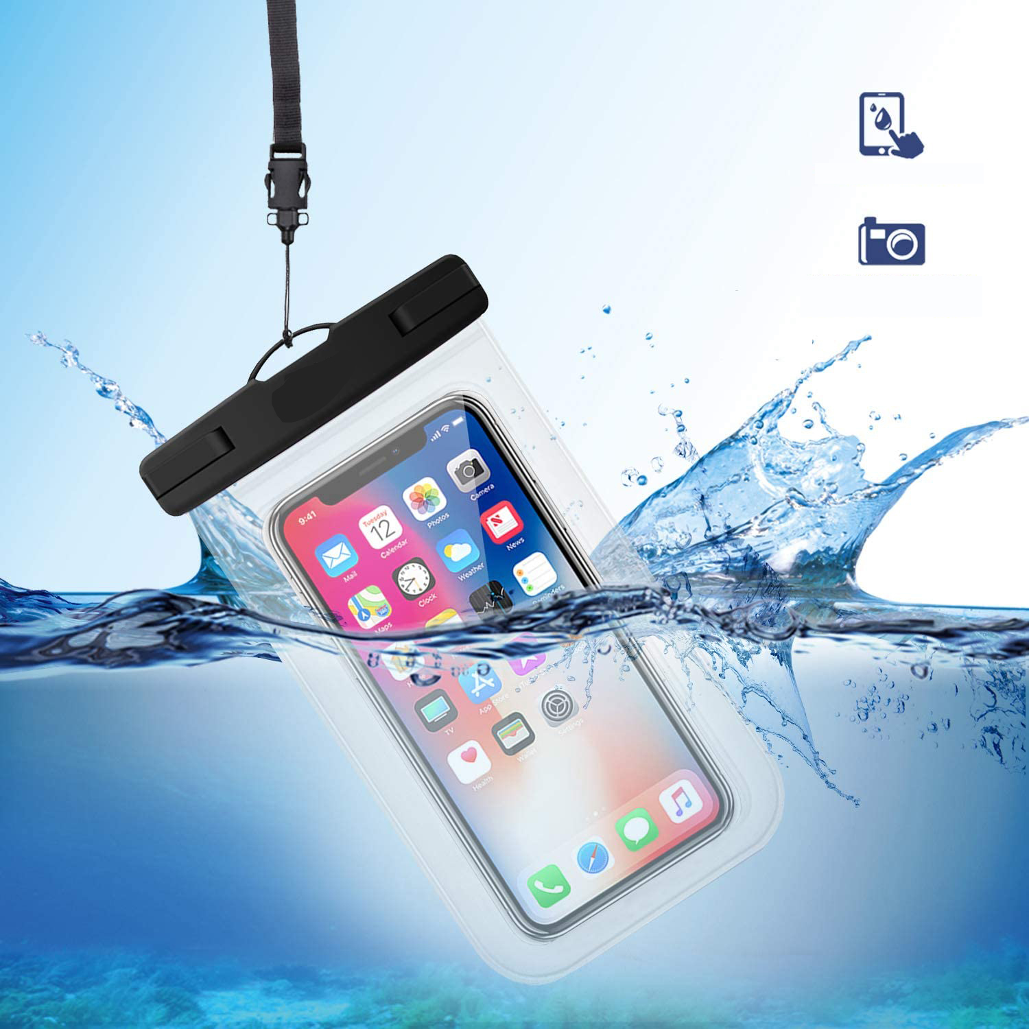 Ein Telefon in einem wasserdichten Beutel, mit Wasser, das darum spritzt.