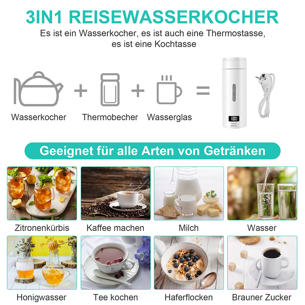 Diagramm eines Reisekochers, einschliesslich Bilder von Getränken wie Tee und Kaffee, und Text in Deutsch.