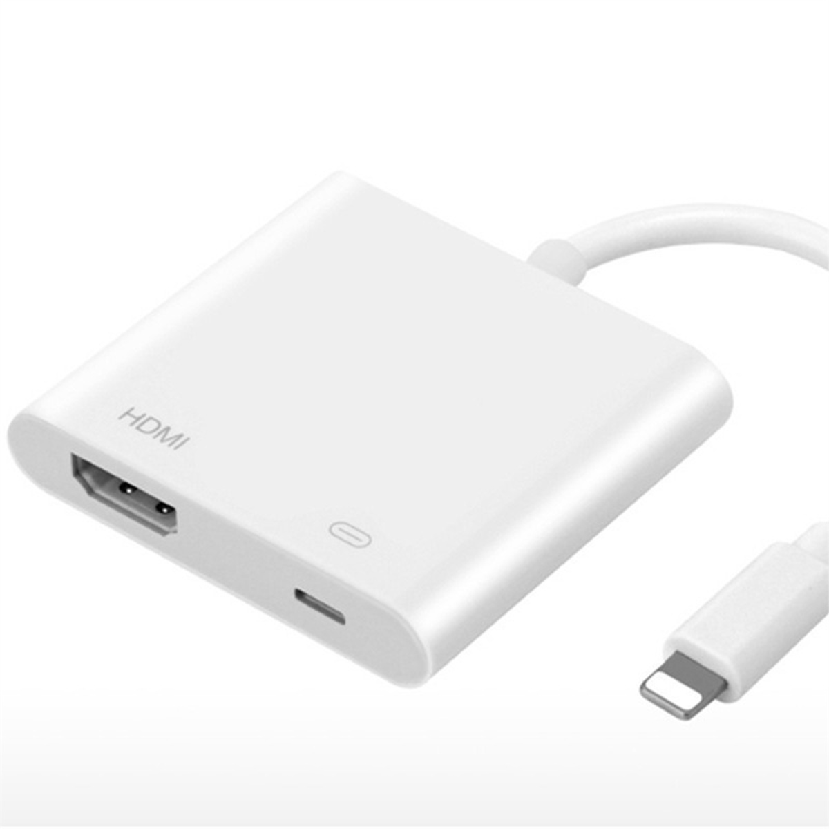 Ein weißer HDMI-Adapter mit einem USB-C-Anschluss und ein weißes Kabel mit einem Lightning-Anschluss.