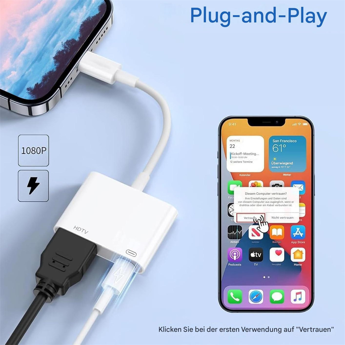 Telefon mit weißem Adapter verbunden. Zeigt einen Telefonbildschirm mit der Option Vertrauen.