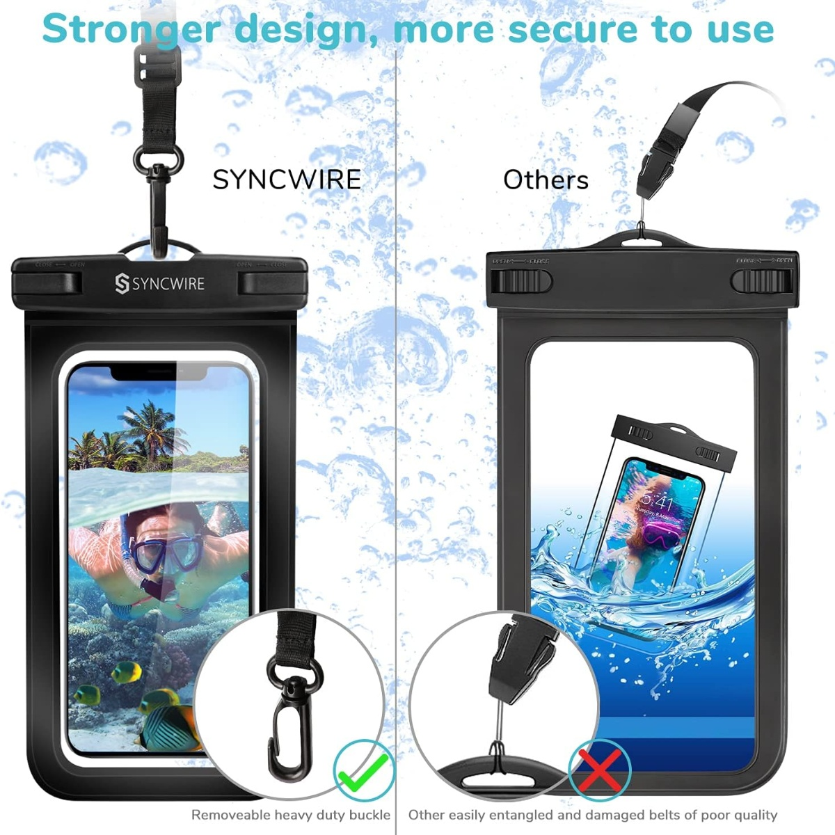 Vergleich wasserdichter Telefontaschen: eine mit sicherer Schnalle, eine mit verheddertem Gurt.