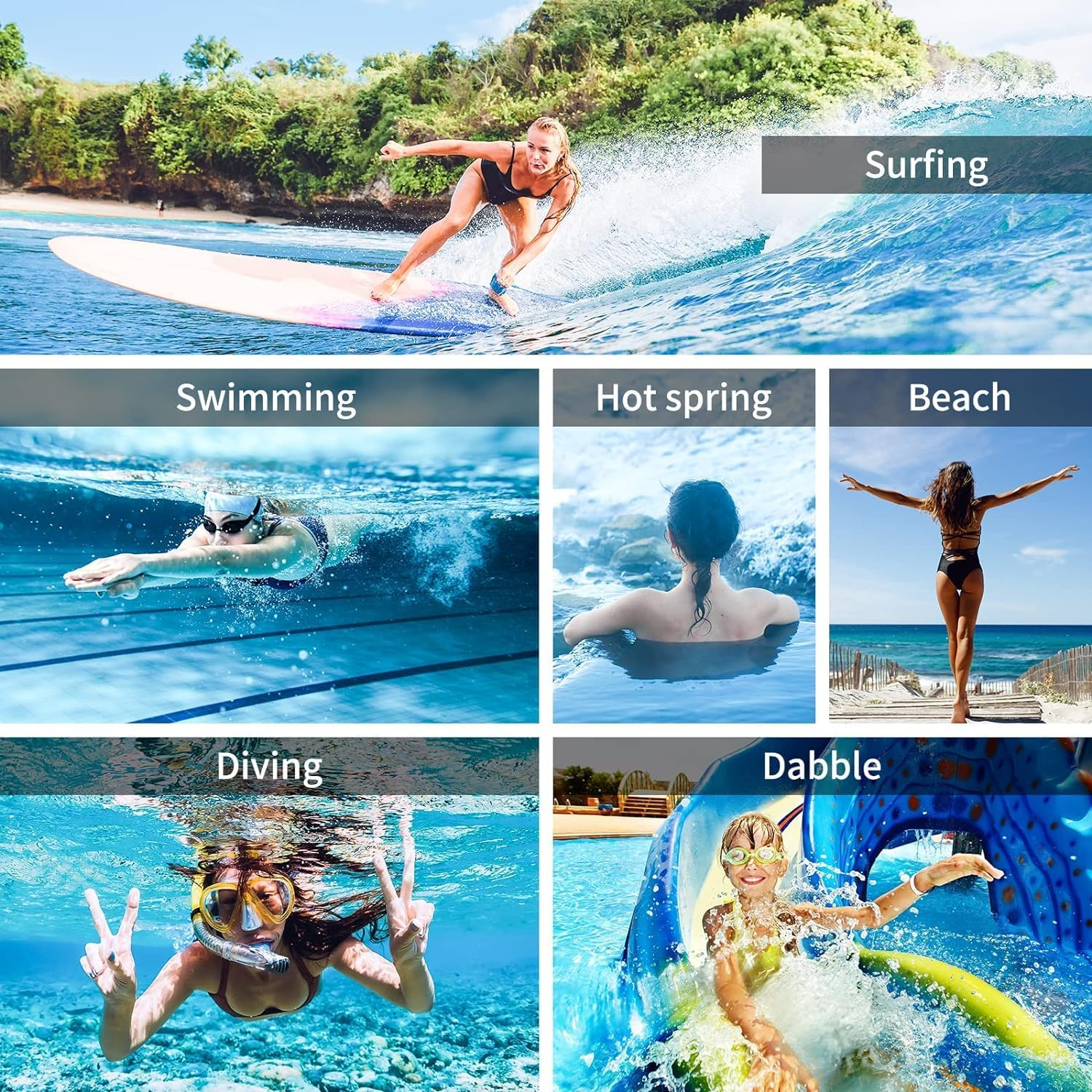 Collage von Menschen, die Wassersport betreiben: Surfen, Schwimmen, Thermalbad, Strand, Tauchen und Planschen.