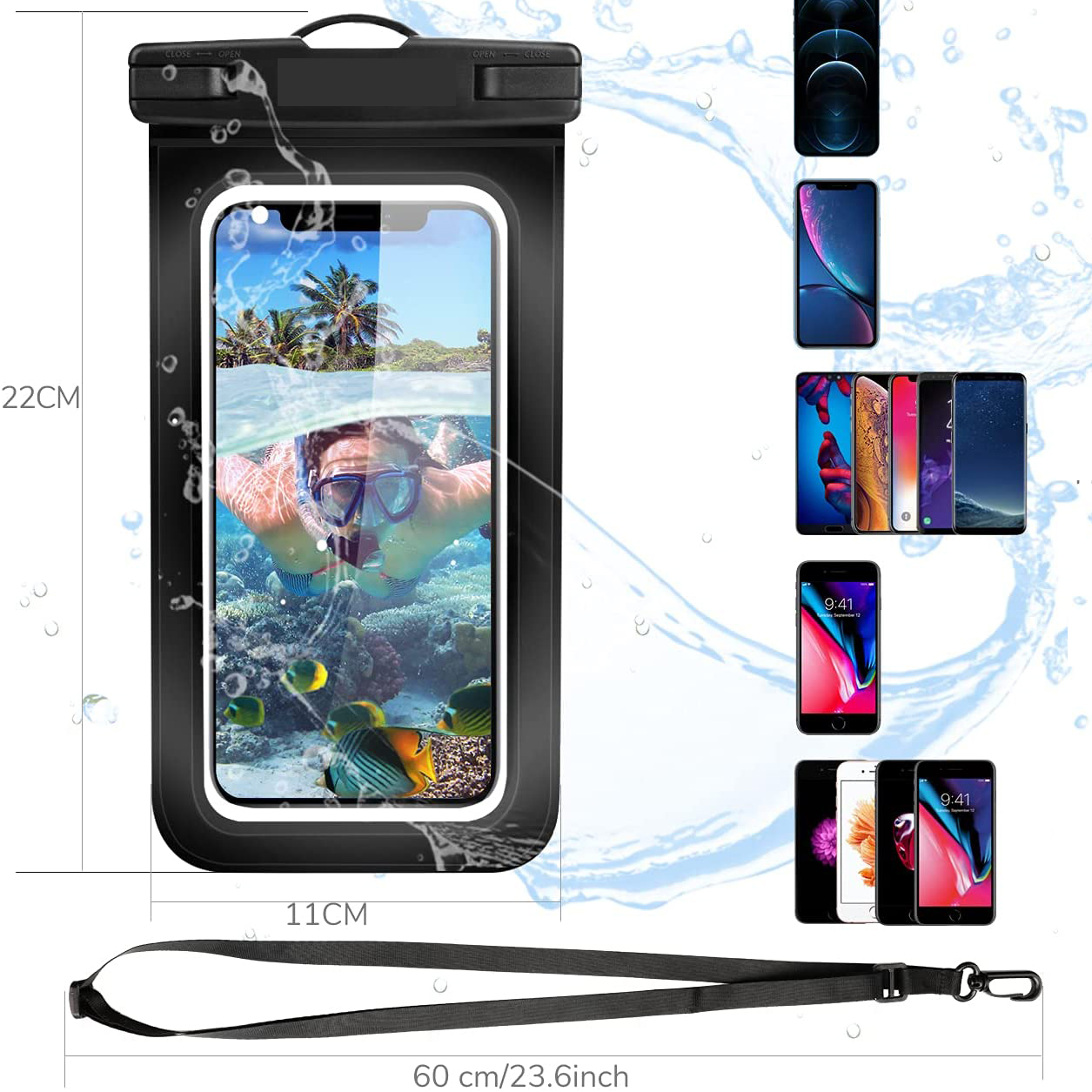 Eine wasserdichte Handyhülle mit einem Telefon darin. Das Telefon zeigt eine Strandszene.