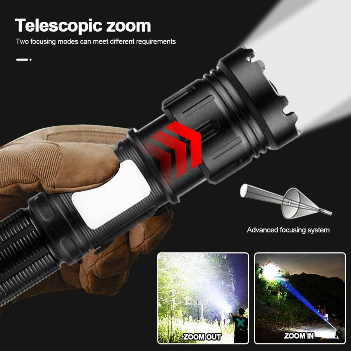 Schwarze Taschenlampe mit Zoomfunktion, zeigt Zoom-in- und Zoom-out-Effekte auf braunem Hintergrund.