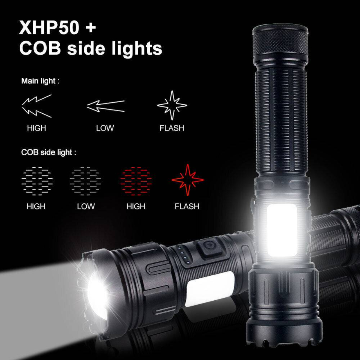 Schwarze Taschenlampe mit weißem Licht. Symbole für hohe, niedrige und Blitzmodi werden gezeigt.