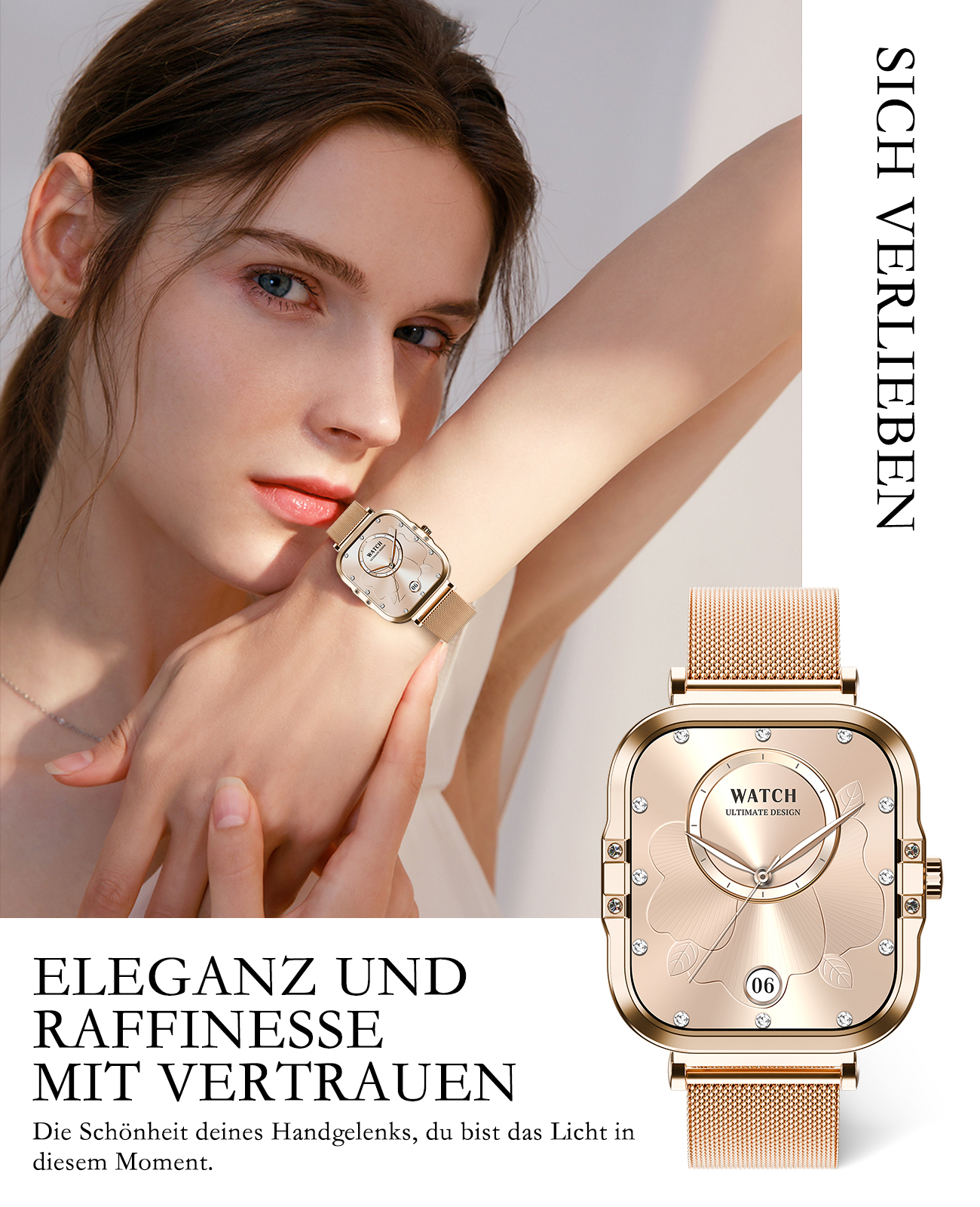 Eine Frau, die eine goldene Uhr mit quadratischem Zifferblatt trägt, ihre Hand auf ihrem Handgelenk.