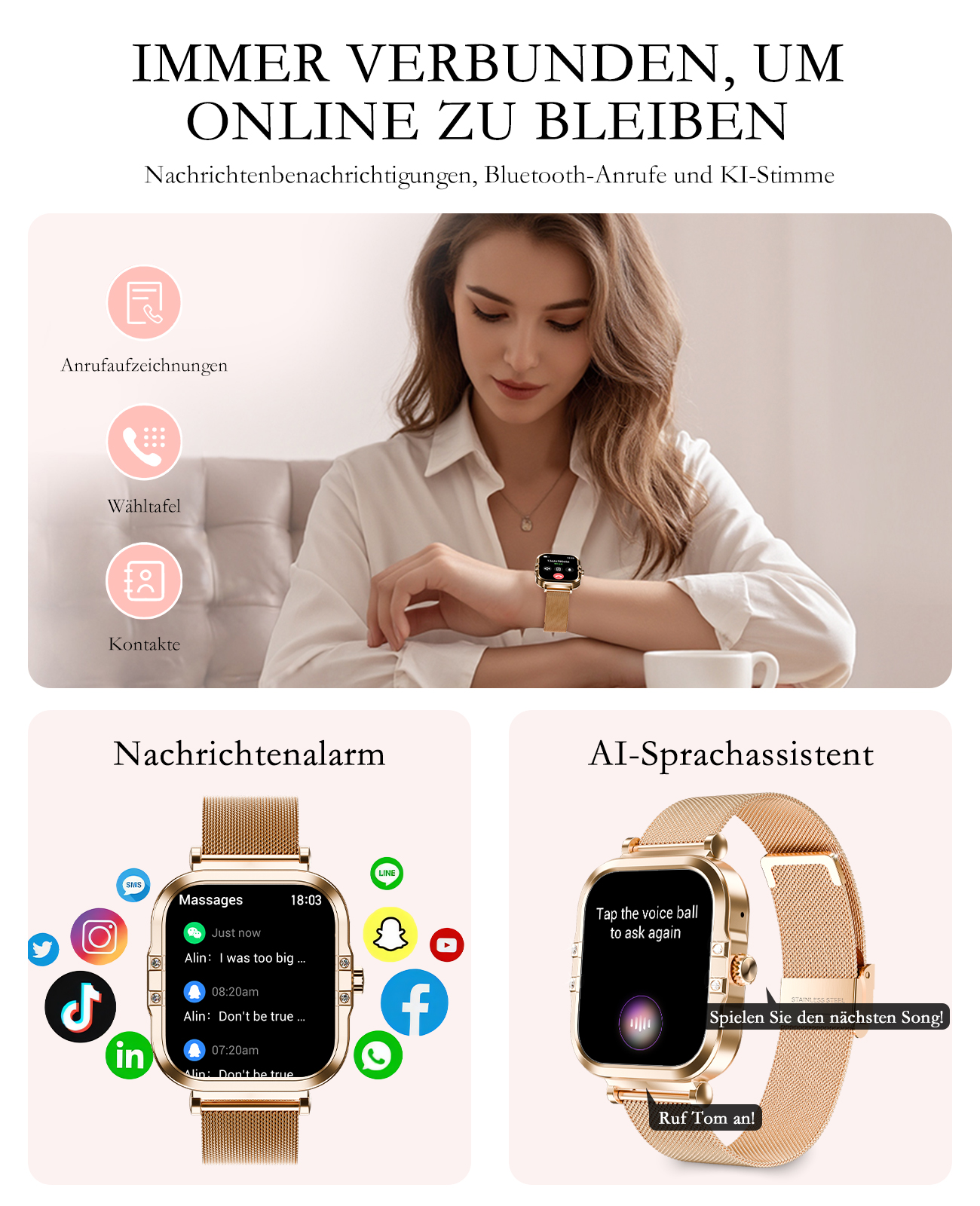 Smartwatch mit goldenem Armband, Handgelenk der Frau. Benachrichtigungen und KI-Assistent.