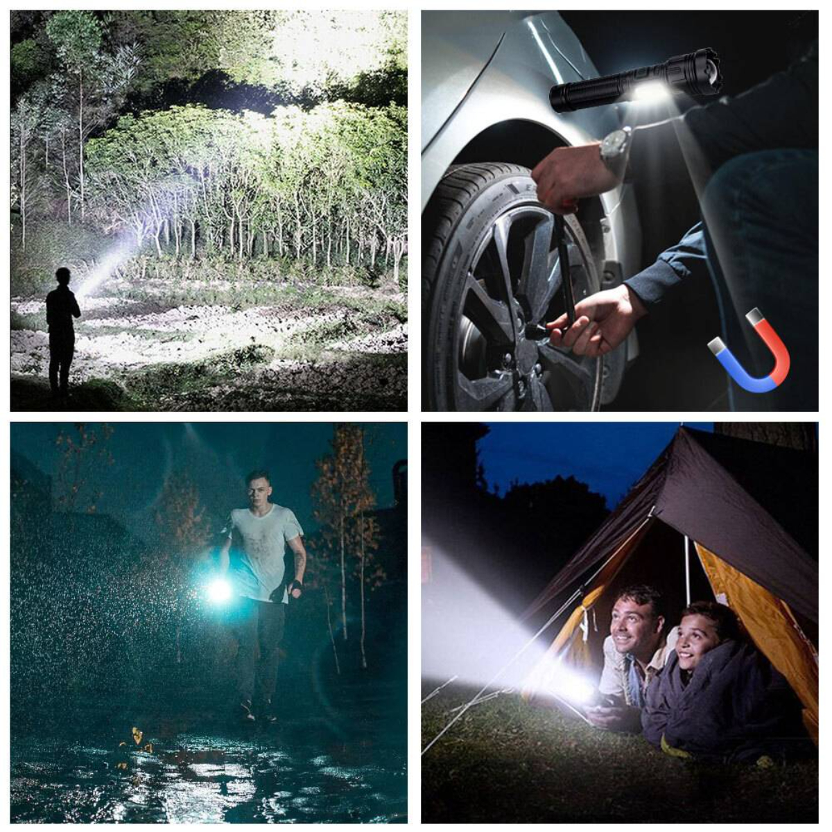 Vier Szenen einer Taschenlampe im Einsatz: Wald, Autoreifen, Läufer und Camping. Jede Szene hebt die Helligkeit des Lichts hervor.