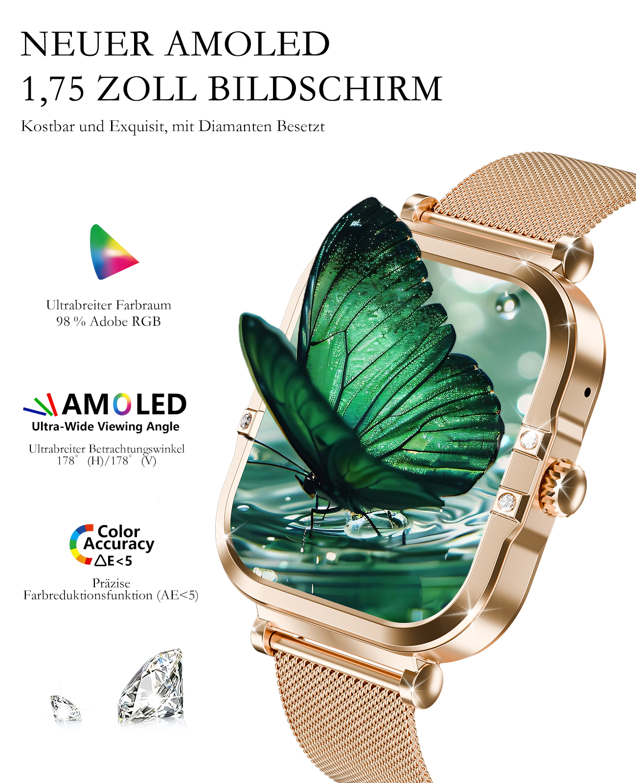Roségoldene Smartwatch mit Schmetterling. Text und Diamanten sind auf der Uhr abgebildet.