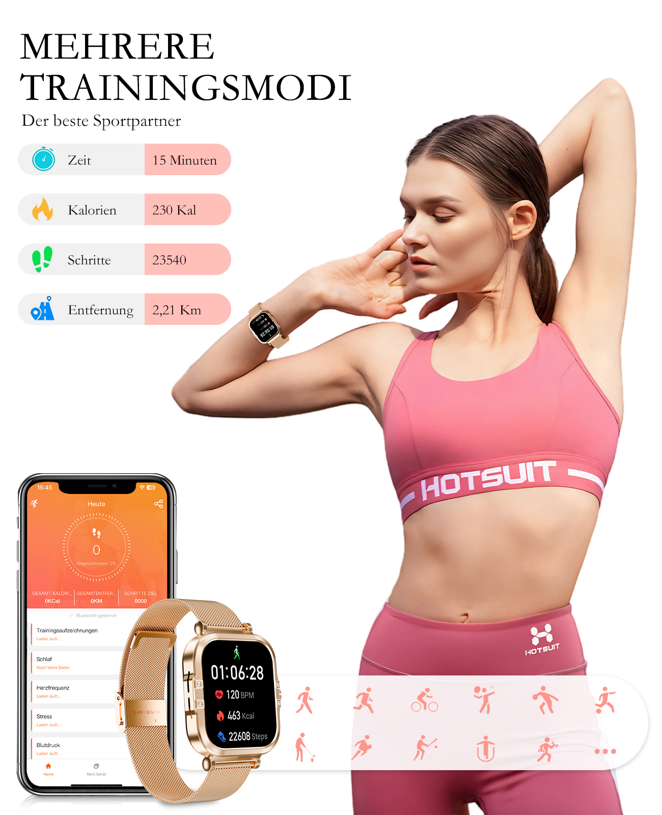 Smartwatch mit Fitness-Tracking-Funktionen. Frau in rosa Fitnesskleidung. Dunkler Hintergrund.