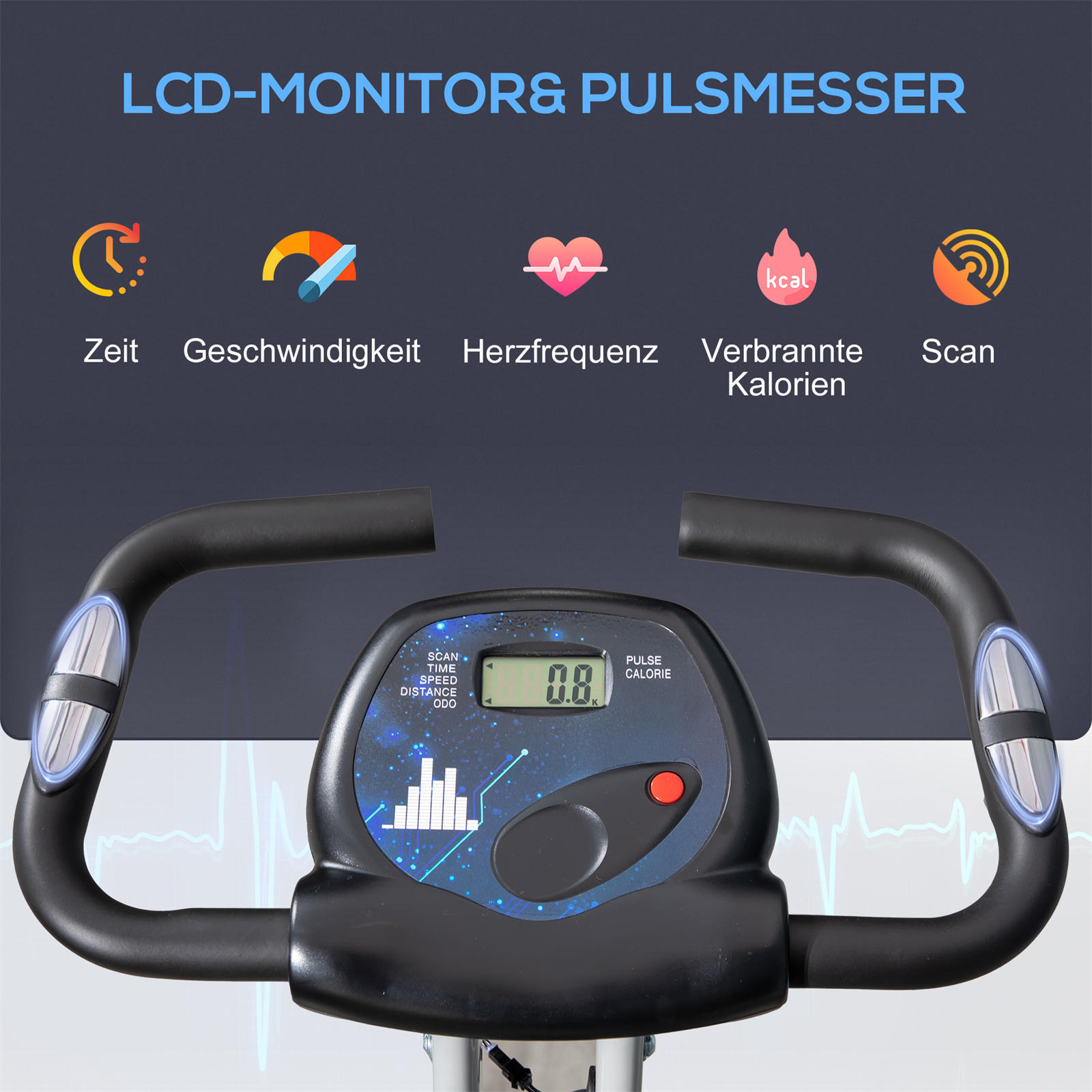 Anzeige eines Heimtrainers mit Metriken: Zeit, Geschwindigkeit, Herzfrequenz, Kalorien und Scan. Der Lenker ist schwarz.