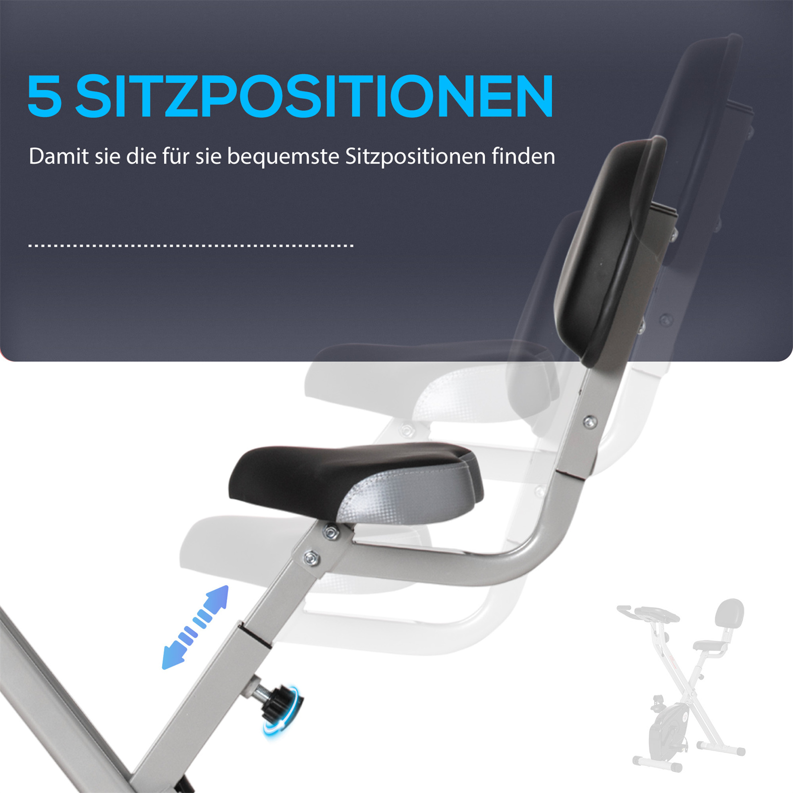 Heimtrainer mit mehreren Sitzpositionen. Schwarzer Sitz mit verstellbarer Höhe.