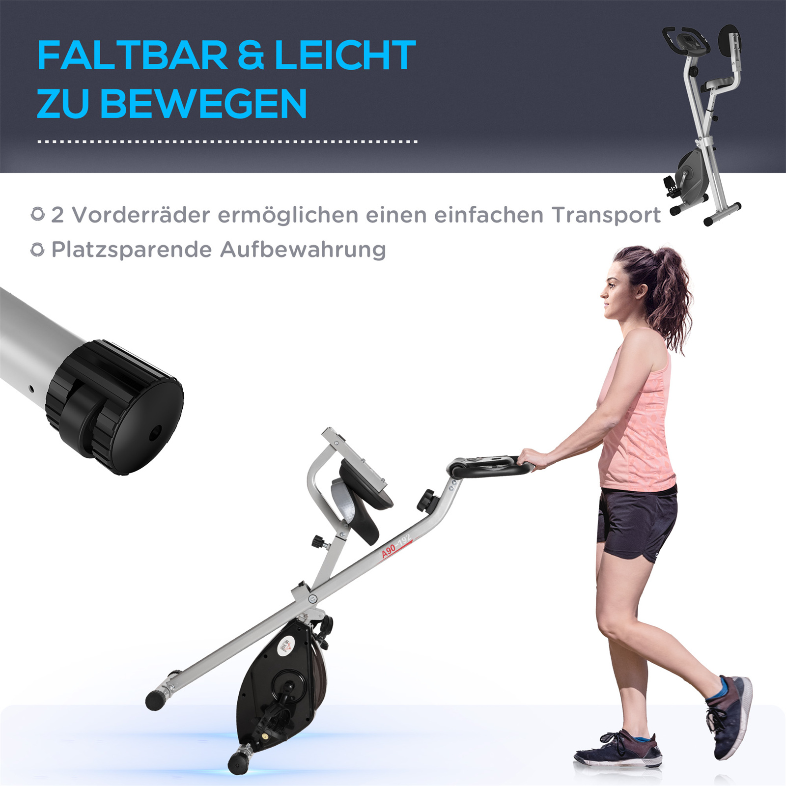 Frau benutzt Heimtrainer, Text auf Deutsch über Zusammenklappen und einfache Bewegung.