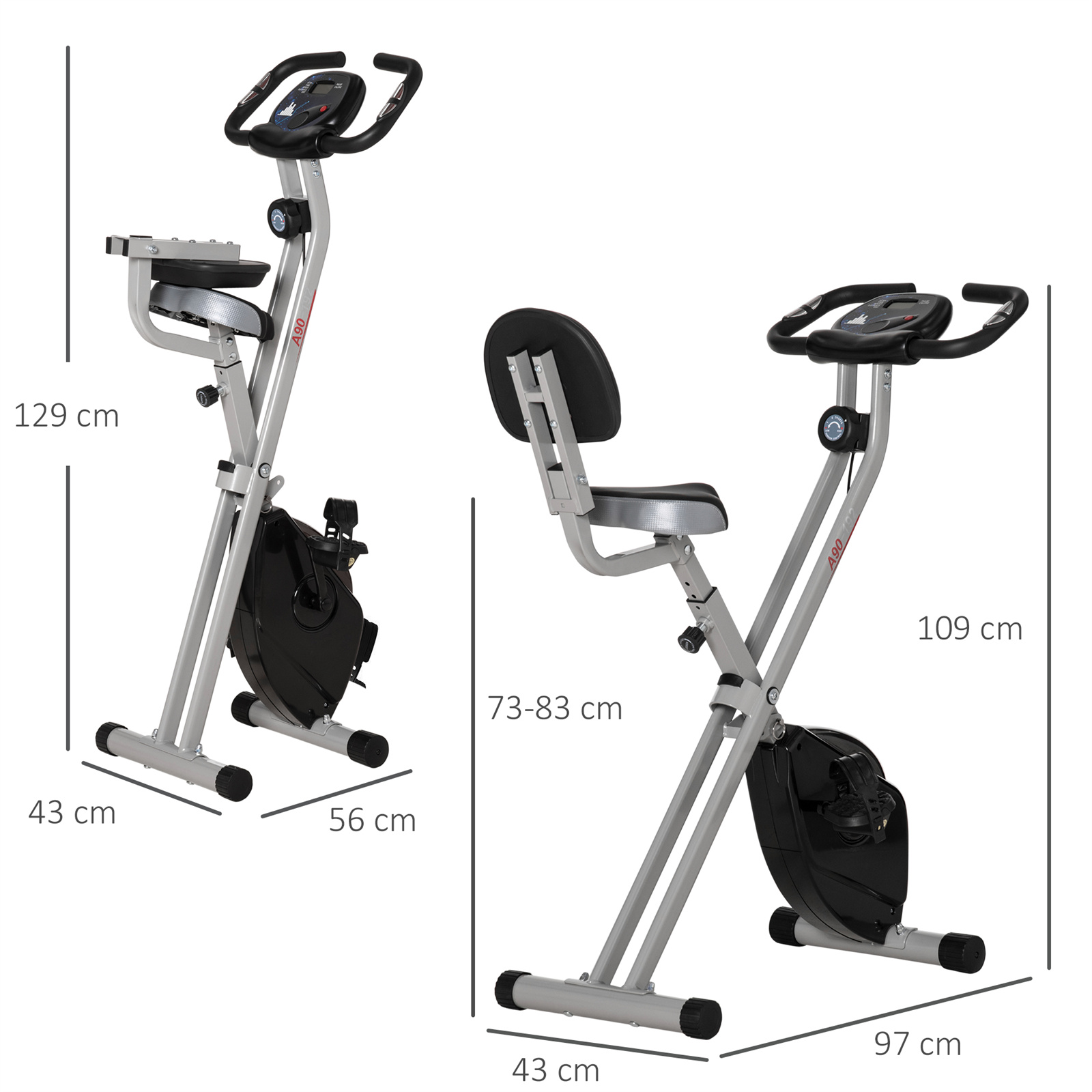 Heimtrainer, mit zwei Ansichten, die die Abmessungen zeigen. Das Fahrrad ist silber und schwarz, gefaltet und entfaltet.