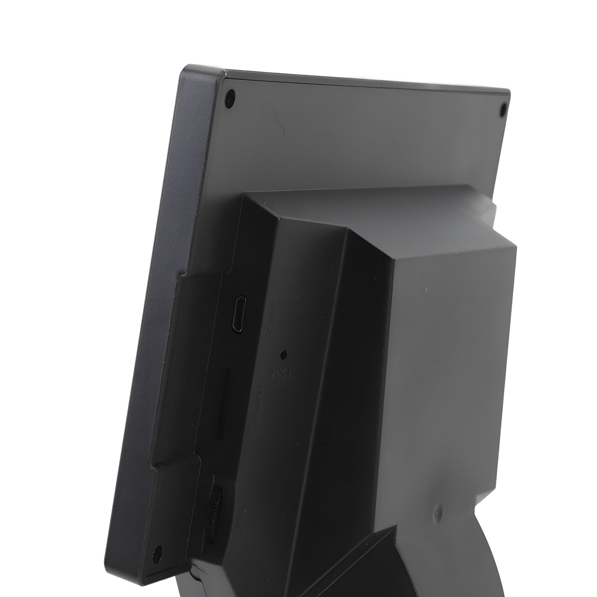 Schwarzes POS-Terminal, schräge Ansicht der Rückseite, Anschlüsse und Reset-Taste.