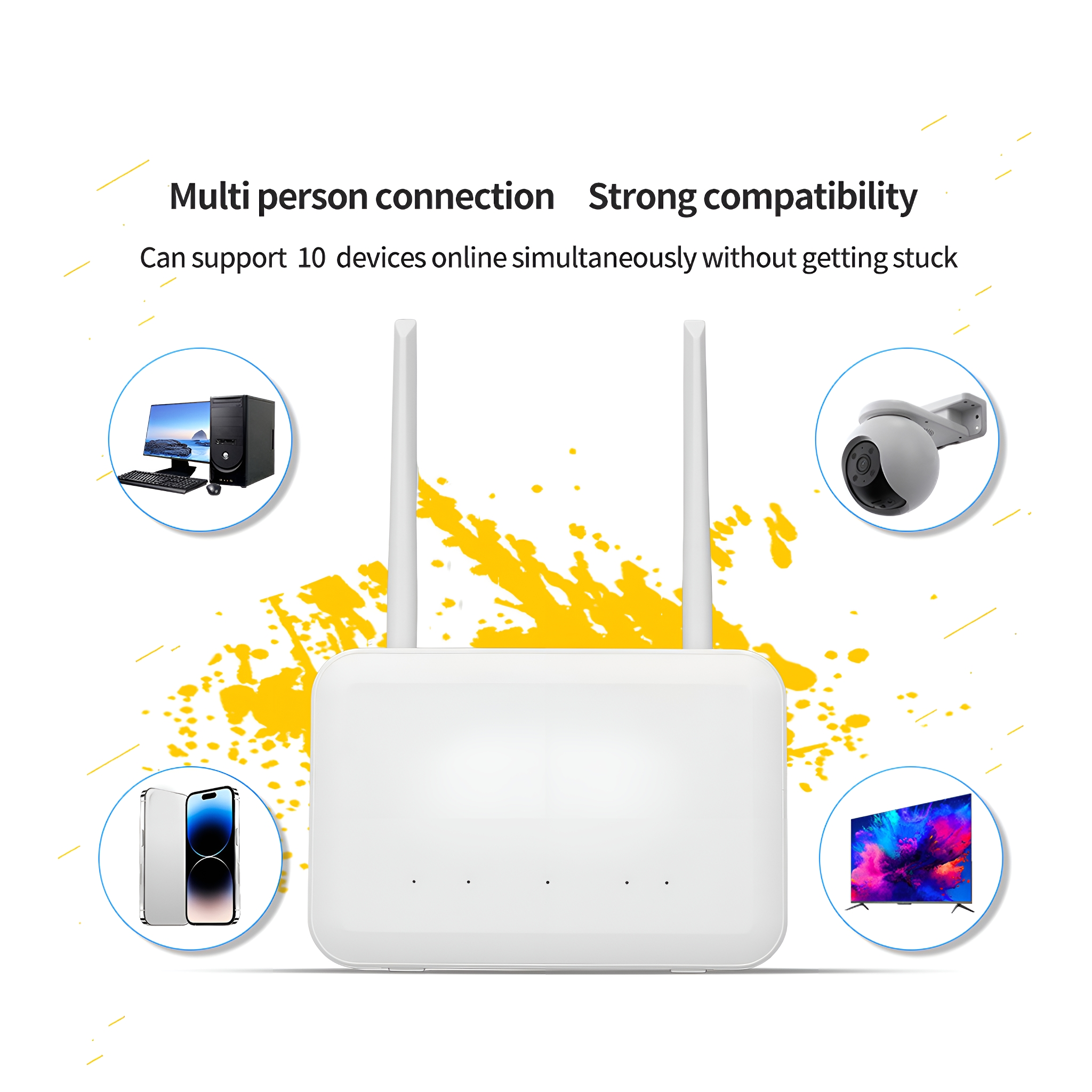 Weißer Router mit Antennen, umgeben von Bildern von Computer, Telefon, Fernseher und Kamera.
