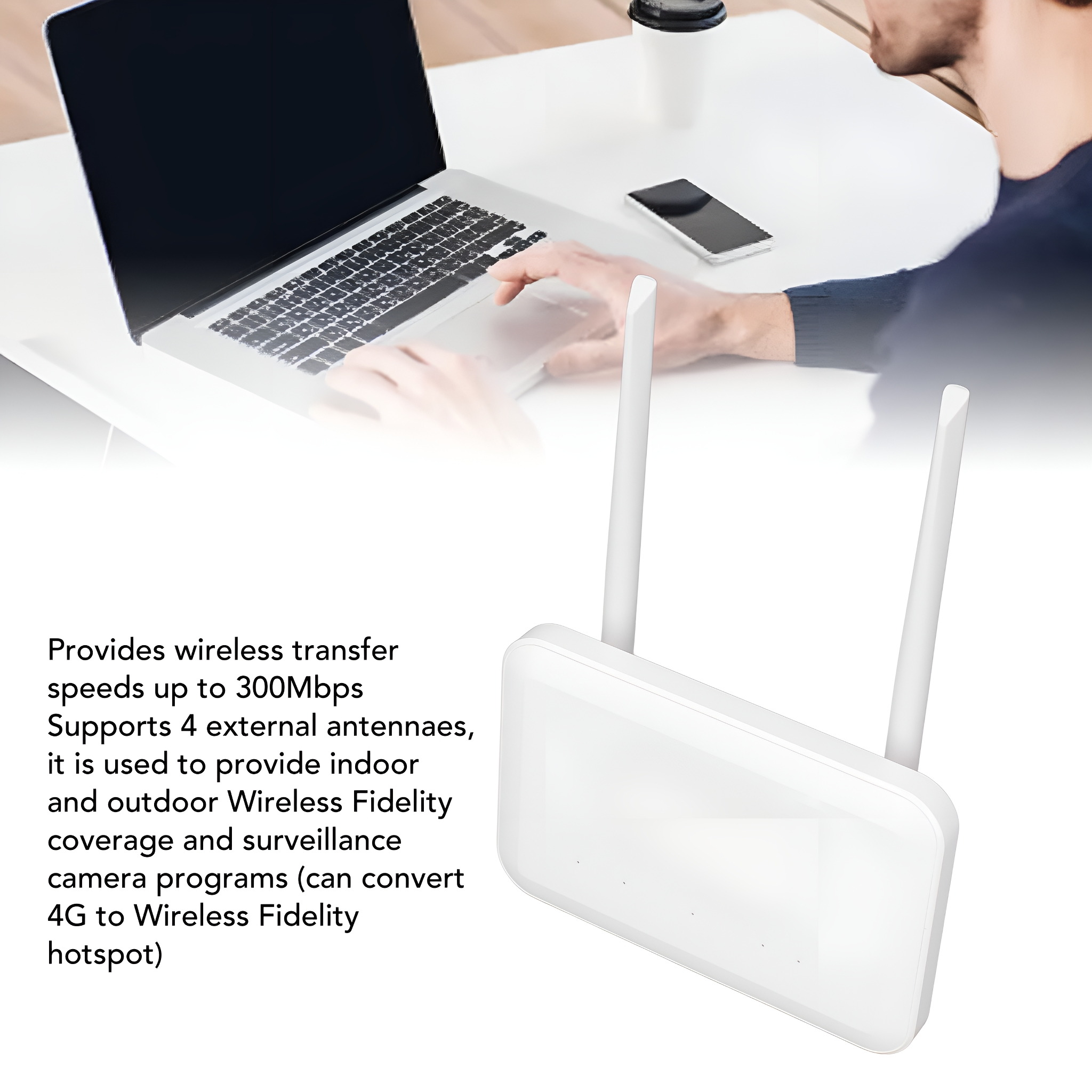 Ein weißer Router mit zwei Antennen, ein Laptop und ein Smartphone auf dem Tisch. Text über den Router links.