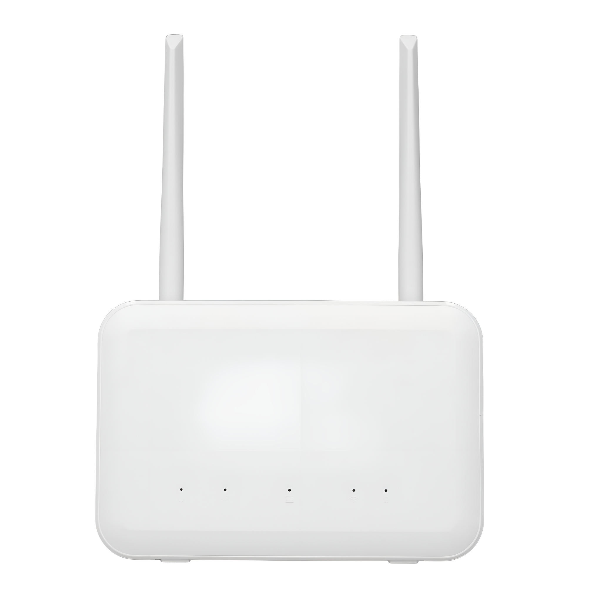 Weißer Router mit zwei Antennen. Der Router hat drei Kontrollleuchten auf der Vorderseite.