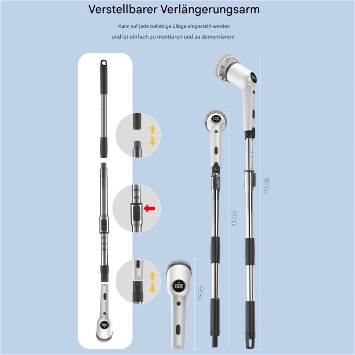 Verstellbarer Verlängerungsarm, zerlegt und montiert, mit Längenangaben.